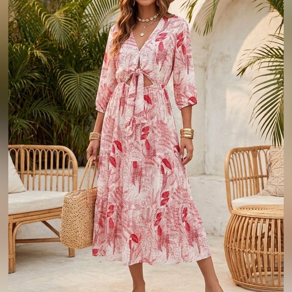 Khush Red White Tropical Floral Cutout Midi Dress Tie Front Boho Resort L